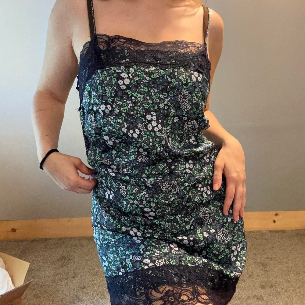 NWT Aerie Floral Lace Trim Slip Dress Mini Nightgown Blue Green size S